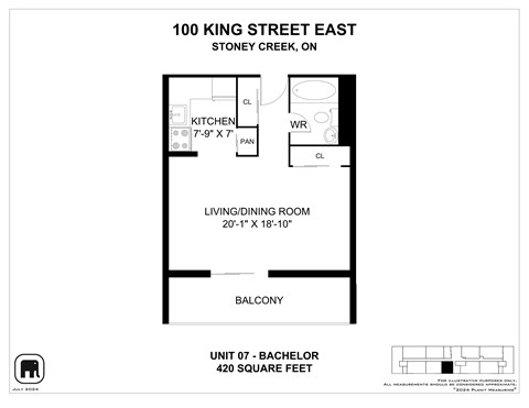 A floor plan for a Bachelor unit at 100 King Street East.